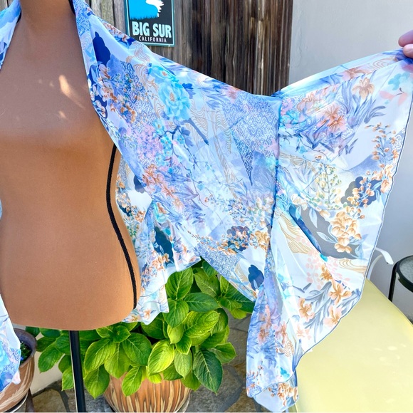 Floral Botanical Chiffon Shawl Wrap Ruffled Edge Sheer Blue/Pink/Copper - Picture 11 of 14